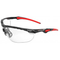 VEILIGHEIDSBRIL MOD HAWK ZWART MONTUUR, ZWART/RODE VEREN CLEAR LENS, ANTI-DAMP EN ANTI-KRAS COATING